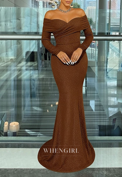 Mermaid Off Shoulder Pleated Long Sleeves Mother of the Bride Dress Evening Dress