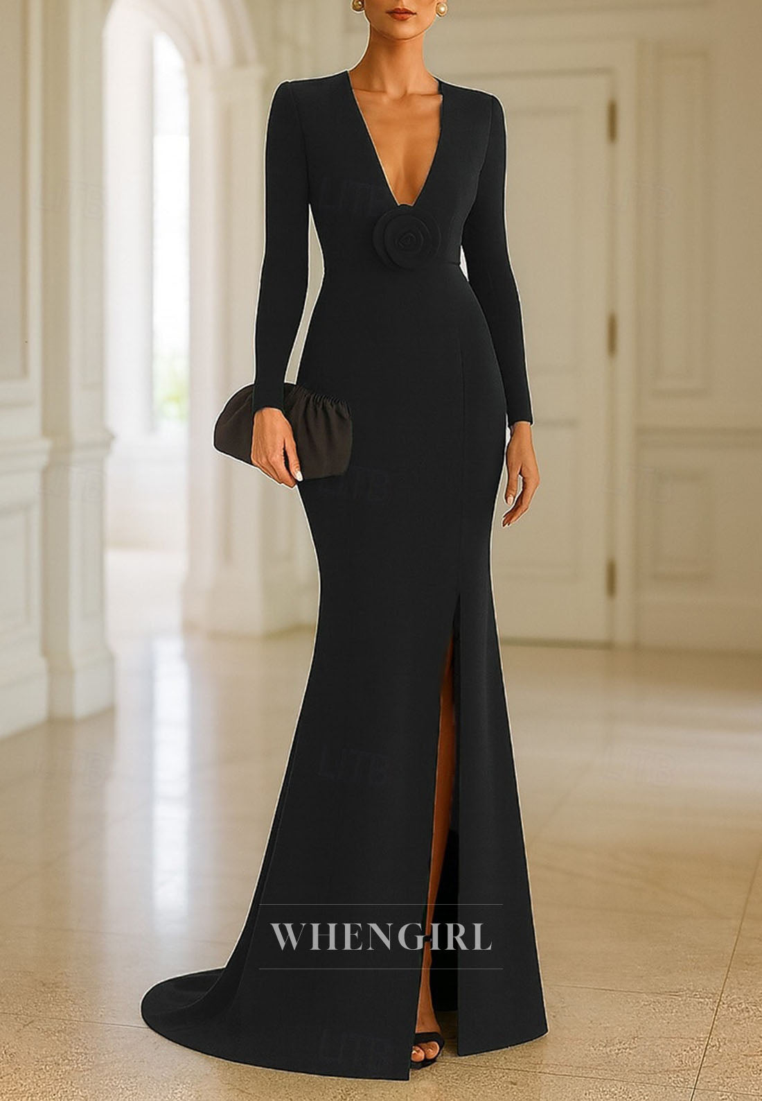Mermaid Evening Gown Long Sleeve V Neck Mother of the Bride with Slit