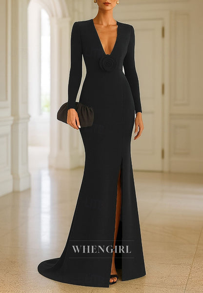 Mermaid Evening Gown Long Sleeve V Neck Mother of the Bride with Slit