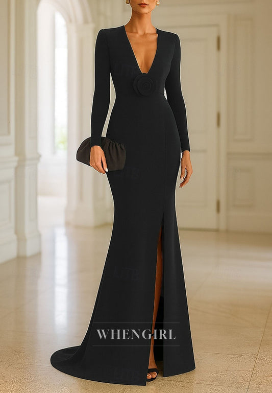Mermaid Evening Gown Long Sleeve V Neck Mother of the Bride with Slit
