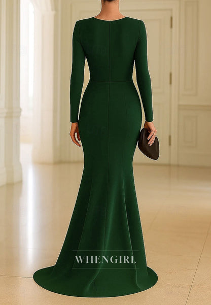 Mermaid Evening Gown Long Sleeve V Neck Mother of the Bride with Slit