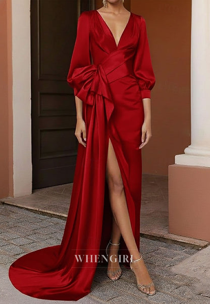 Sheath Ruched V Neck 3/4 Sleeves Side Slit Mother of the Bride Dress