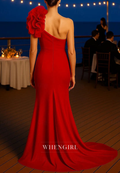 Mermaid Trumpet Sweep Train Evening Gown One Shoulder Mother of the Bride Dress