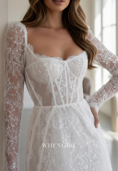 Sheath Long Sleeves Square Neck Lace Up Short Wedding Dress