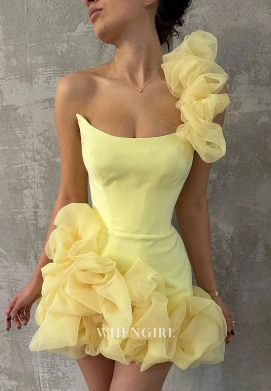 Light Yellow Bateau Neck Sleeveless One-Shoulder Short Sheath Homecoming Dress