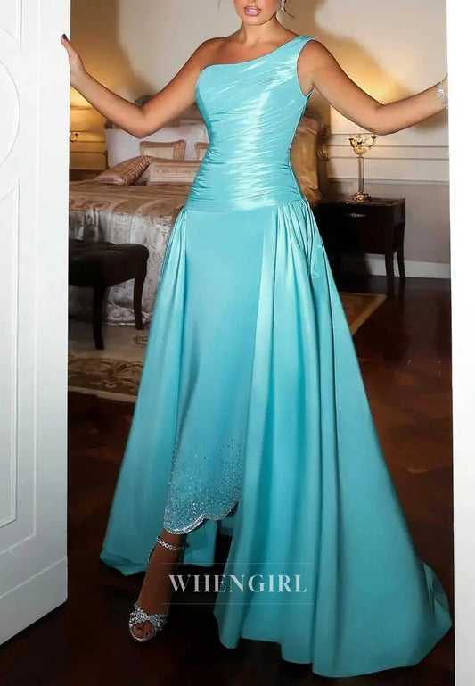 Blue One Shoulder Sleeveless Pleated Beaded Sheath Evening Formal Gown