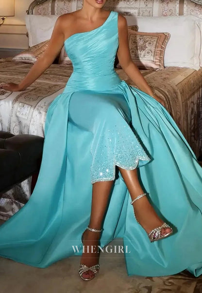 Blue One Shoulder Sleeveless Pleated Beaded Sheath Evening Formal Gown