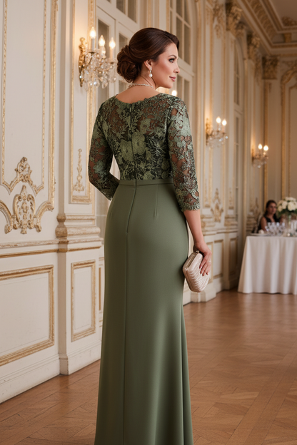 Column V Neck 3/4 Sleeves Ruffles Slit Mother of the Bride Dress