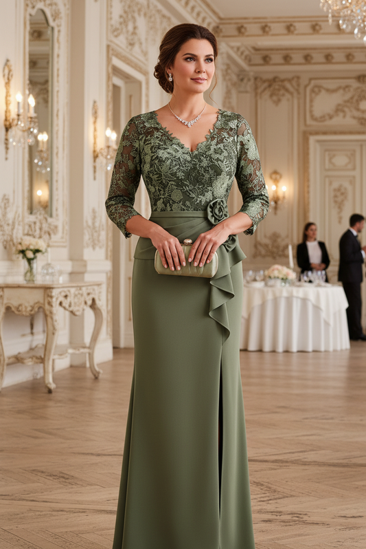 Column V Neck 3/4 Sleeves Ruffles Slit Mother of the Bride Dress