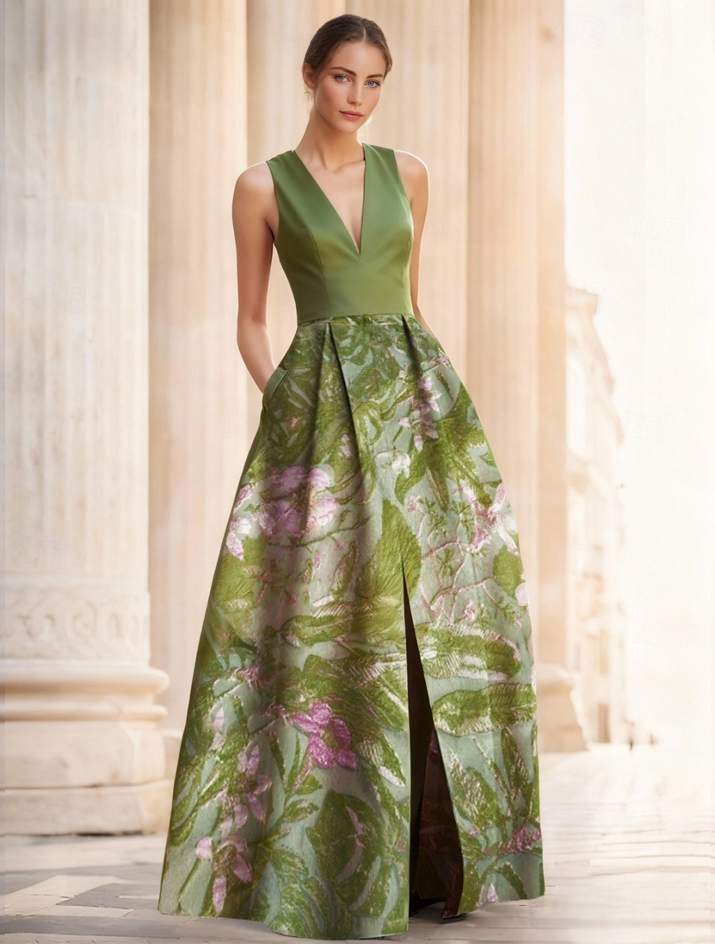 A-Line Evening Gown Elegant Jacquard Floral Dress Prom Floor Length Sleeveless V Neck with Slit Pocket Wedding Guest Dress