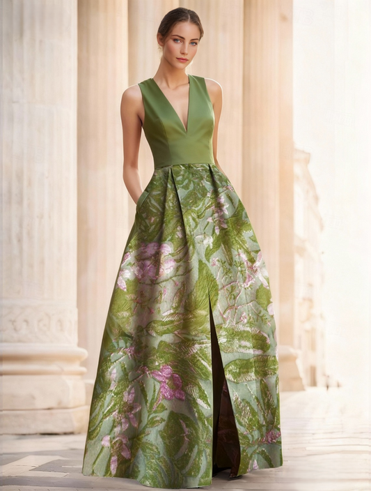 A-Line Evening Gown Elegant Jacquard Floral Dress Prom Floor Length Sleeveless V Neck with Slit Pocket Wedding Guest Dress