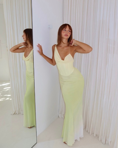 Yellow Asymmetrical Neck Sleeveless Sheath Prom Dress