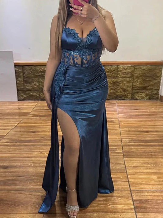 Navy Elastic Satin Lace Applique Sheath High Slit Prom Dress