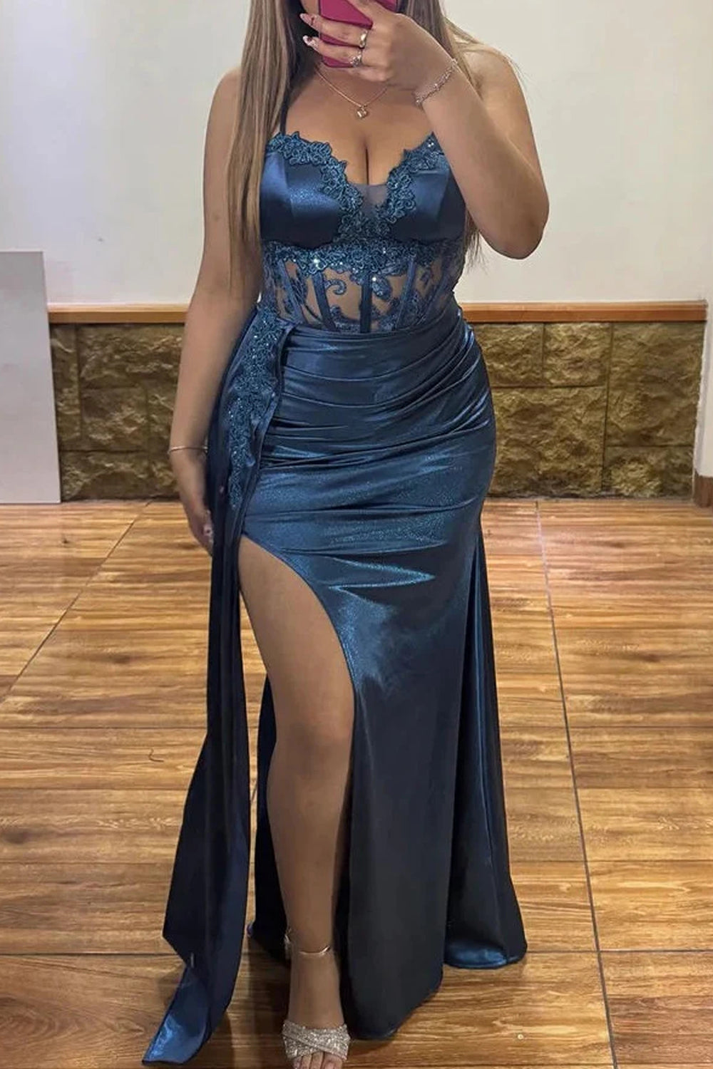 Navy Elastic Satin Lace Applique Sheath High Slit Prom Dress