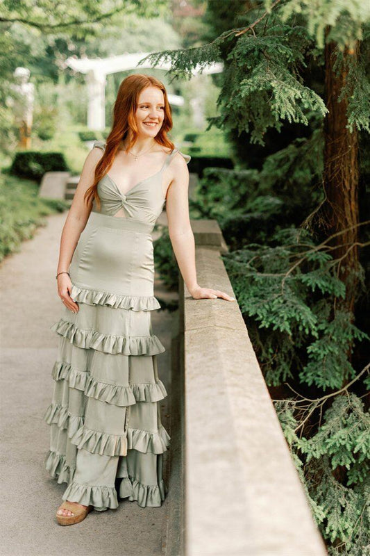 Knotted Sage Ruffles Tiered Maxi Dress
