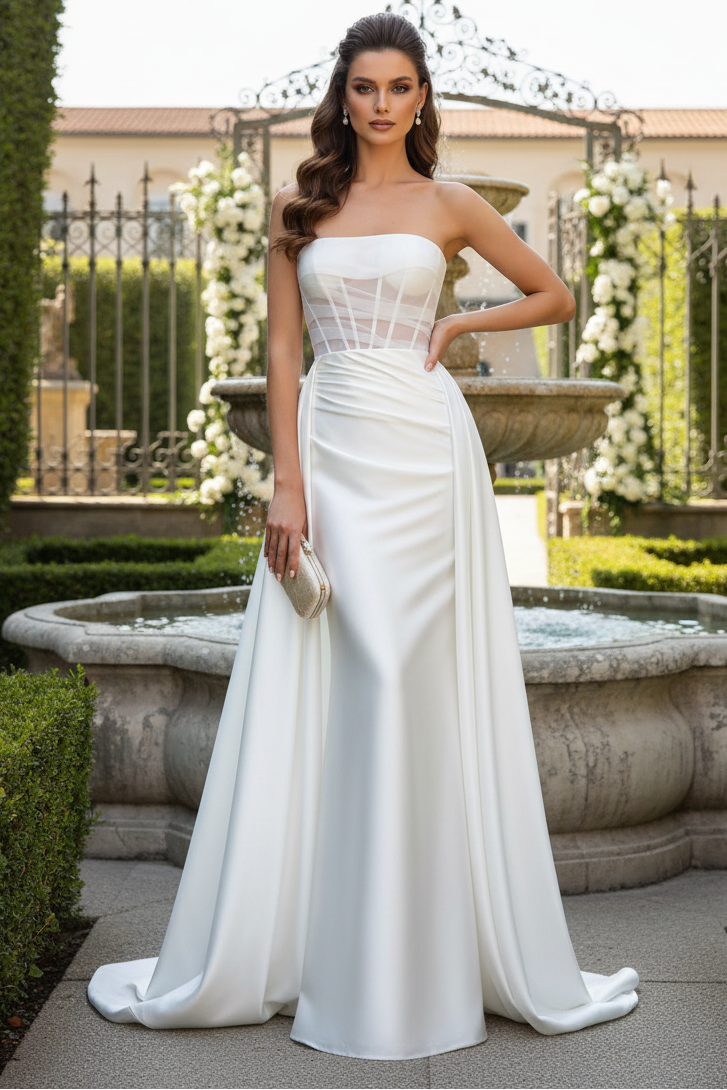 Sheath Tube Top Ruched Wedding Dress with Overskirt