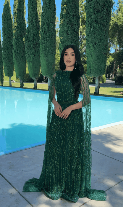 Bateau Neck A-Line Embellished Cape Sleeve Dress