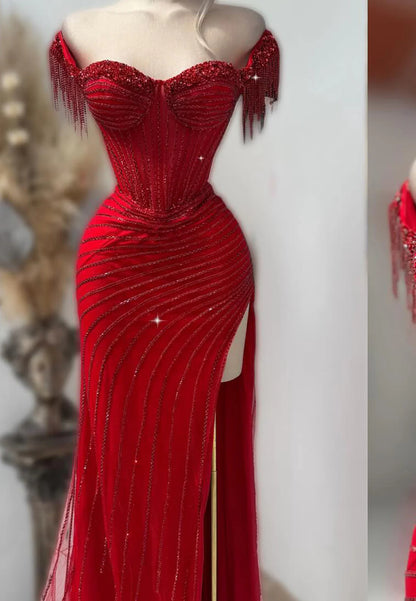 Sweetheart Sheath Sleeveless High Slit Stripe Sparkly Prom Dress with Detachable Overskirt Party Gowns