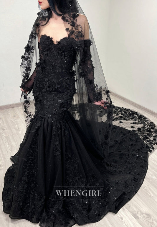 Black Appliqued Lace Sweetheart Long Sleeves Court Train Mermaid Wedding Dress
