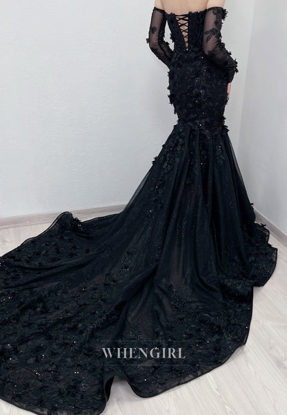 Black Appliqued Lace Sweetheart Long Sleeves Court Train Mermaid Wedding Dress