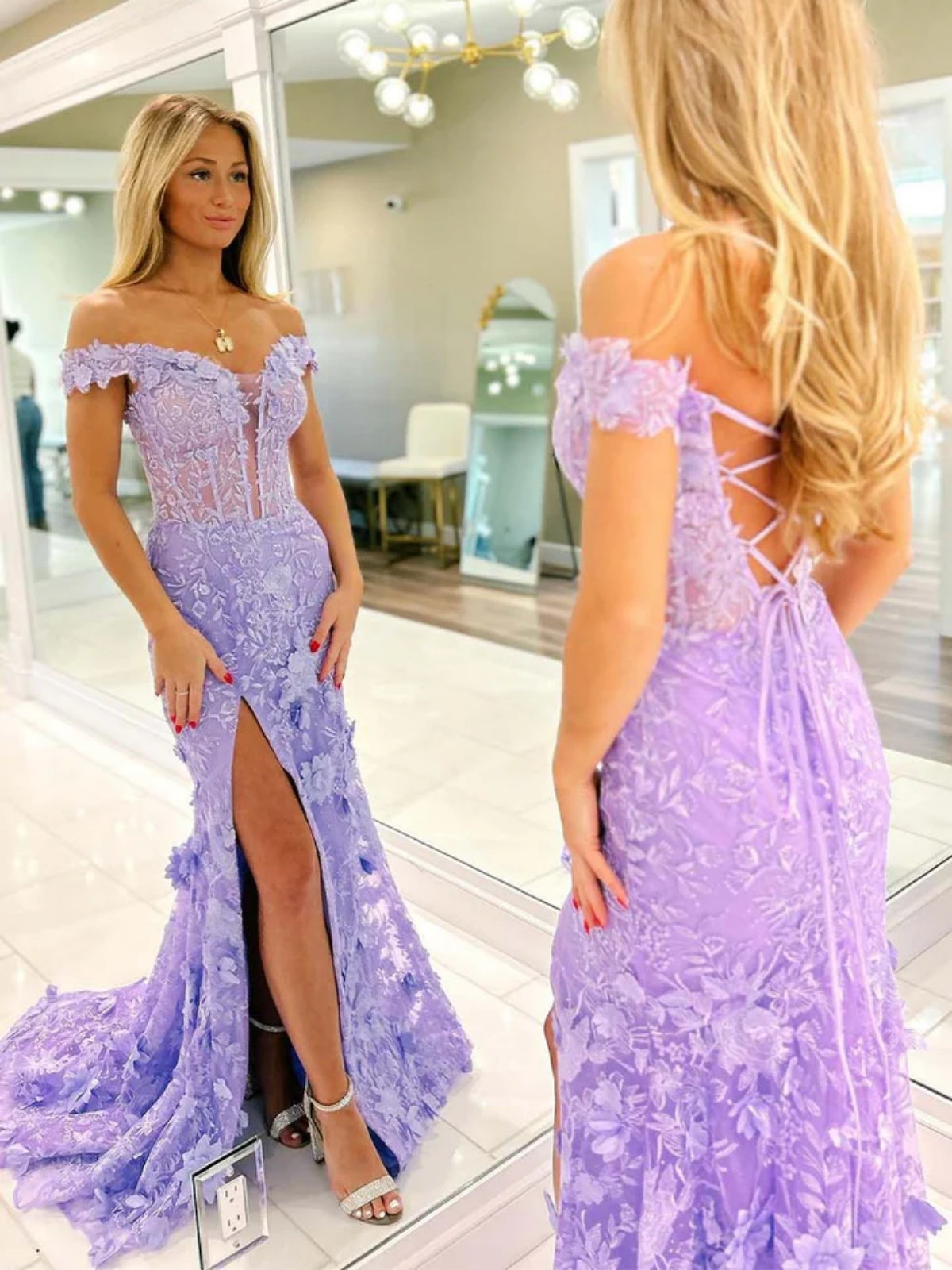 Off the Shoulder Blue Purple Pink Floral Lace Mermaid Prom Dress