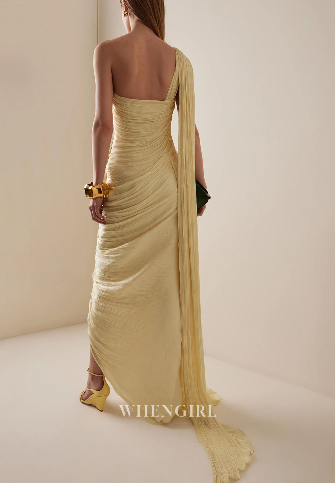 Yellow Ruched One Shoulder Sleeveless Side Slit Evening Dress