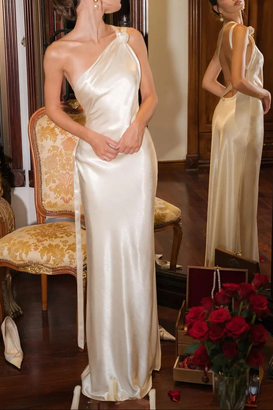 One Shoulder Ivory Sheath Wedding Dress
