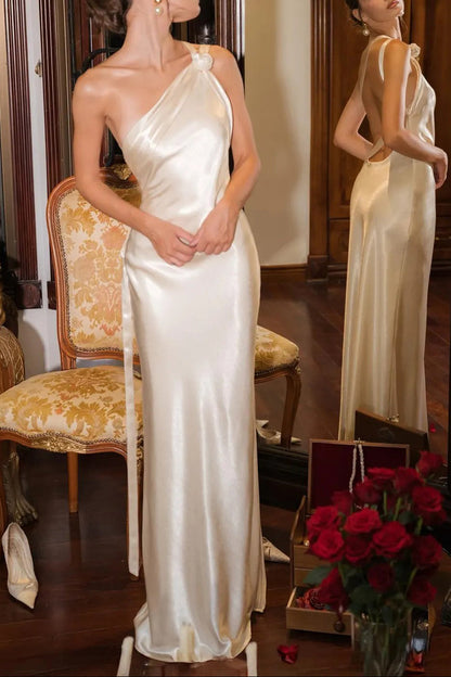 One Shoulder Ivory Sheath Wedding Dress