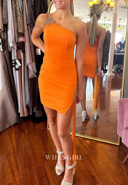 Orange One Shoulder Bodycon Beaded Short Homecoming Dress with Tassel