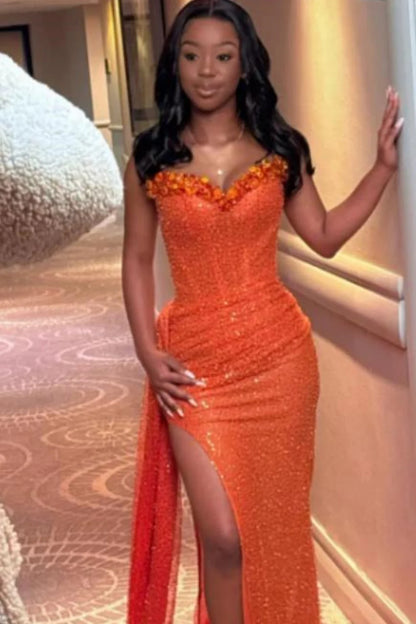 Orange Sweetheart Beaded Rhinestones Sleeveless Side Slit Pleated Mermaid Prom Dress