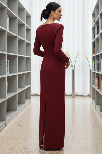 Burgundy V Neck Flower Long Sleeves Sheath Formal Evening Dress