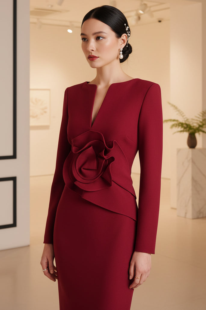 Burgundy V Neck Flower Long Sleeves Sheath Formal Evening Dress