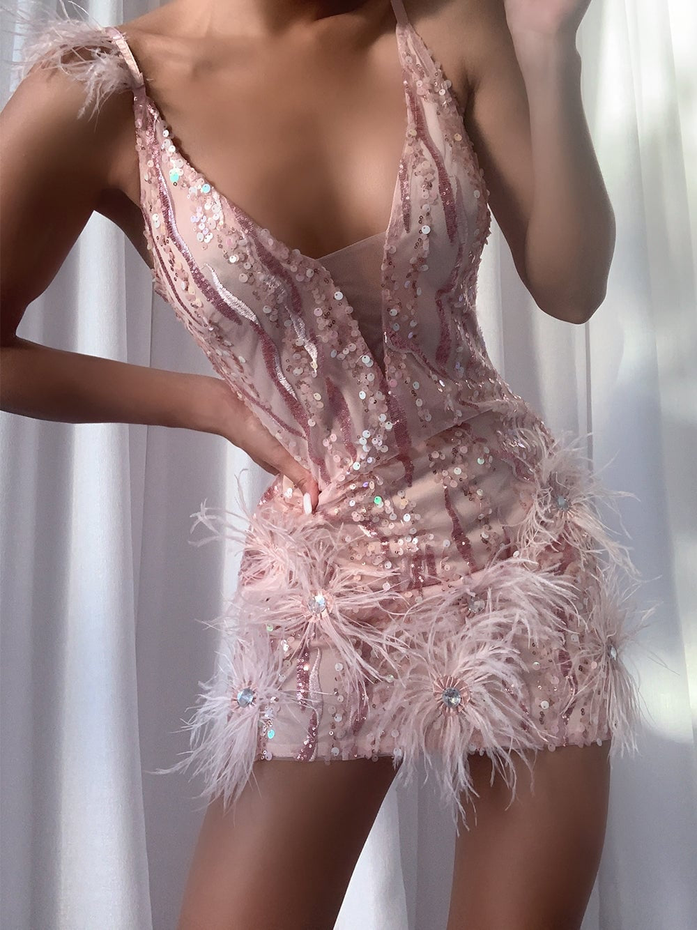 Sequined Feather Plunging V-Neck Mini Dress