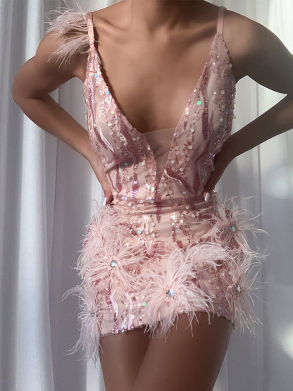Sequined Feather Plunging V-Neck Mini Dress
