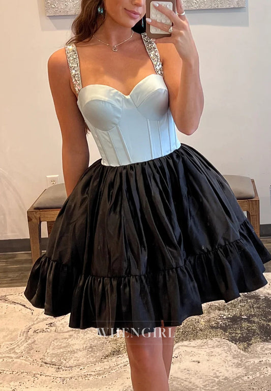 A-Line Beaded Straps Sweetheart Sleeveless Ruffels Short Homecoming Dress