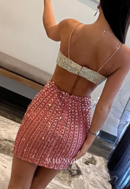 Sheath Sweetheart Sleeveless Beaded Rhinestones Sequins Short Homecoming Dress