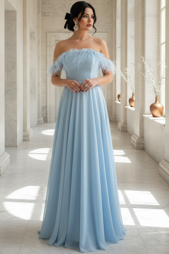Pale Blue Chiffon Feather Strapless A-line Formal Dress