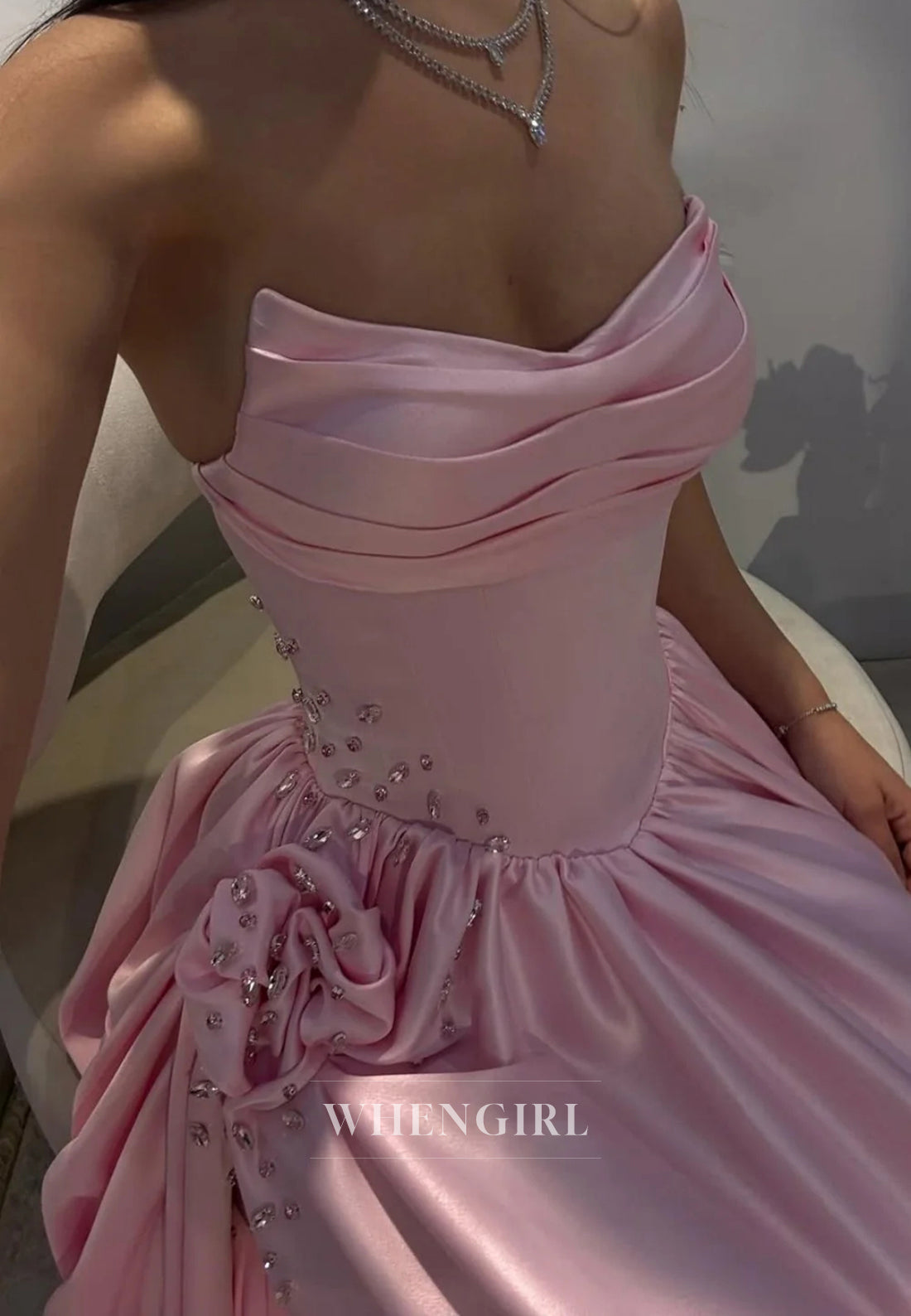 Pink Satin A-Line Flower Strapless Sleeveless Beaded Side Slit Prom Dress