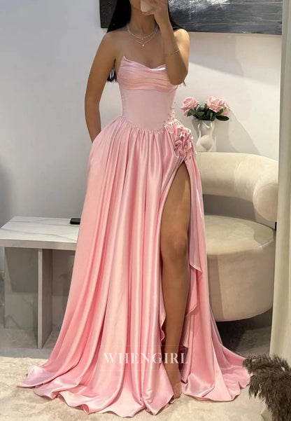 Pink Satin A-Line Flower Strapless Sleeveless Beaded Side Slit Prom Dress