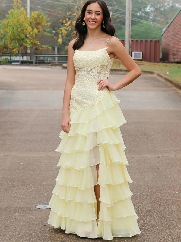 Pale Yellow Spaghetti Strap Lace Organza Tiered Ruffles A-line Prom Dress