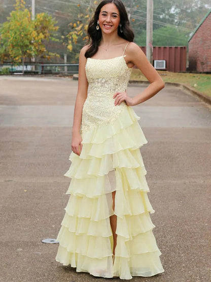 Pale Yellow Spaghetti Strap Lace Organza Tiered Ruffles A-line Prom Dress