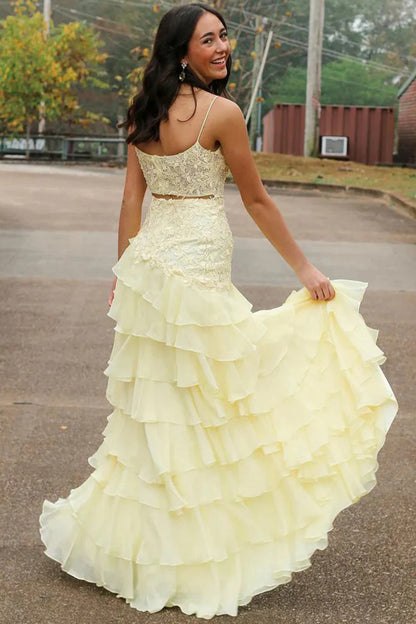 Pale Yellow Spaghetti Strap Lace Organza Tiered Ruffles A-line Prom Dress