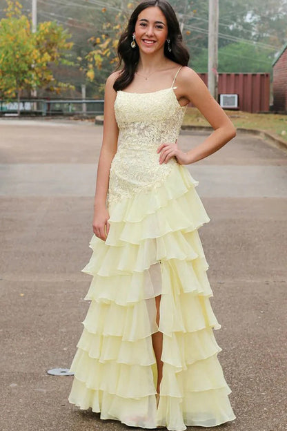 Pale Yellow Spaghetti Strap Lace Organza Tiered Ruffles A-line Prom Dress