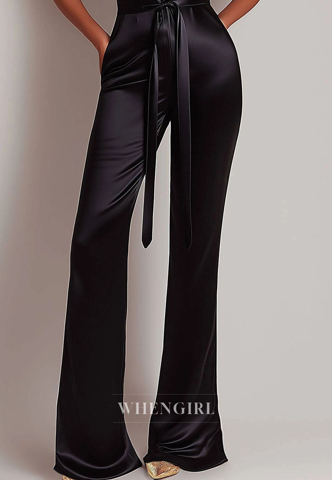 Sexy Halter Deep V-Neck Sleeveless Fitted Satin Black Jumpsuit with Bow Tie