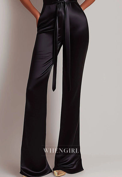 Sexy Halter Deep V-Neck Sleeveless Fitted Satin Black Jumpsuit with Bow Tie