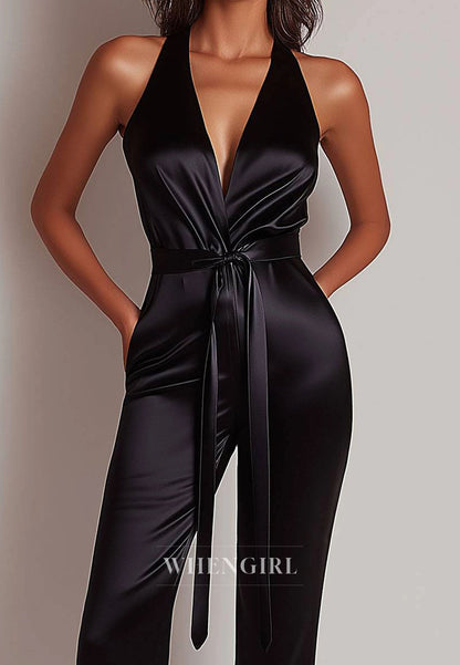 Sexy Halter Deep V-Neck Sleeveless Fitted Satin Black Jumpsuit with Bow Tie