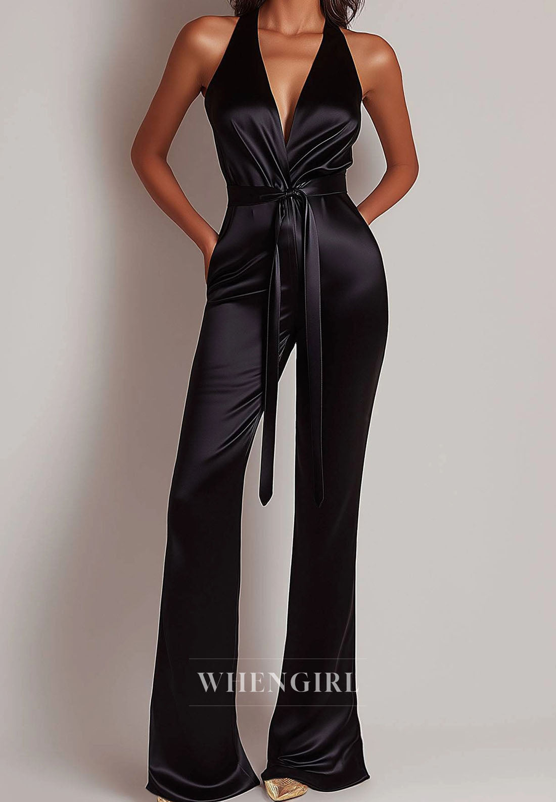 Sexy Halter Deep V-Neck Sleeveless Fitted Satin Black Jumpsuit with Bow Tie