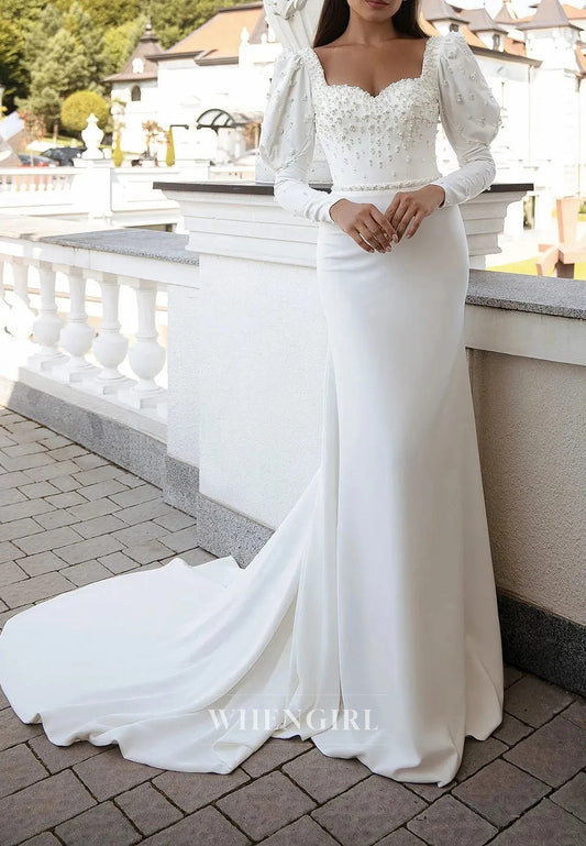 Sheath Sweetheart Satin Long Sleeve Beaded Wedding Dresses with Court Train