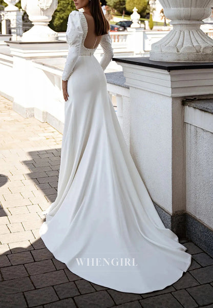 Sheath Sweetheart Satin Long Sleeve Beaded Wedding Dresses with Court Train
