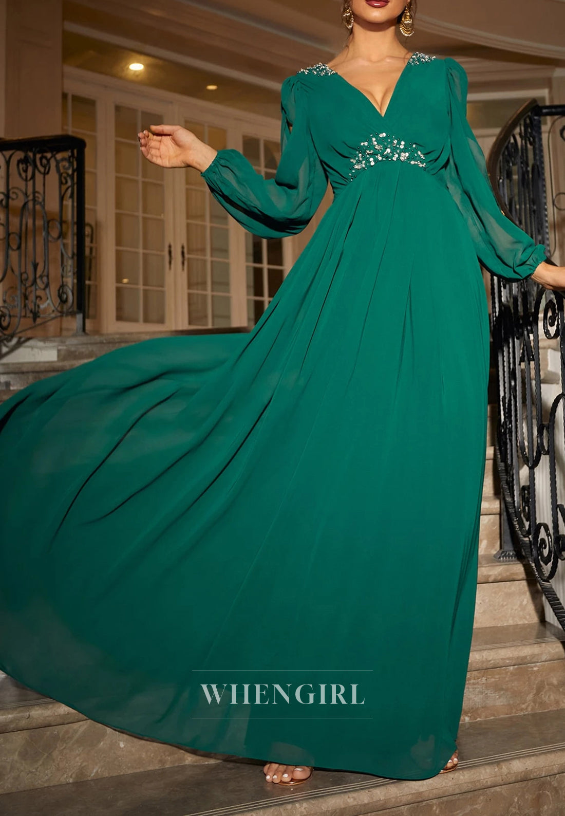 Hunter Green V Chiffon Long Sleeves Cut Out Mother of the Bride Dress